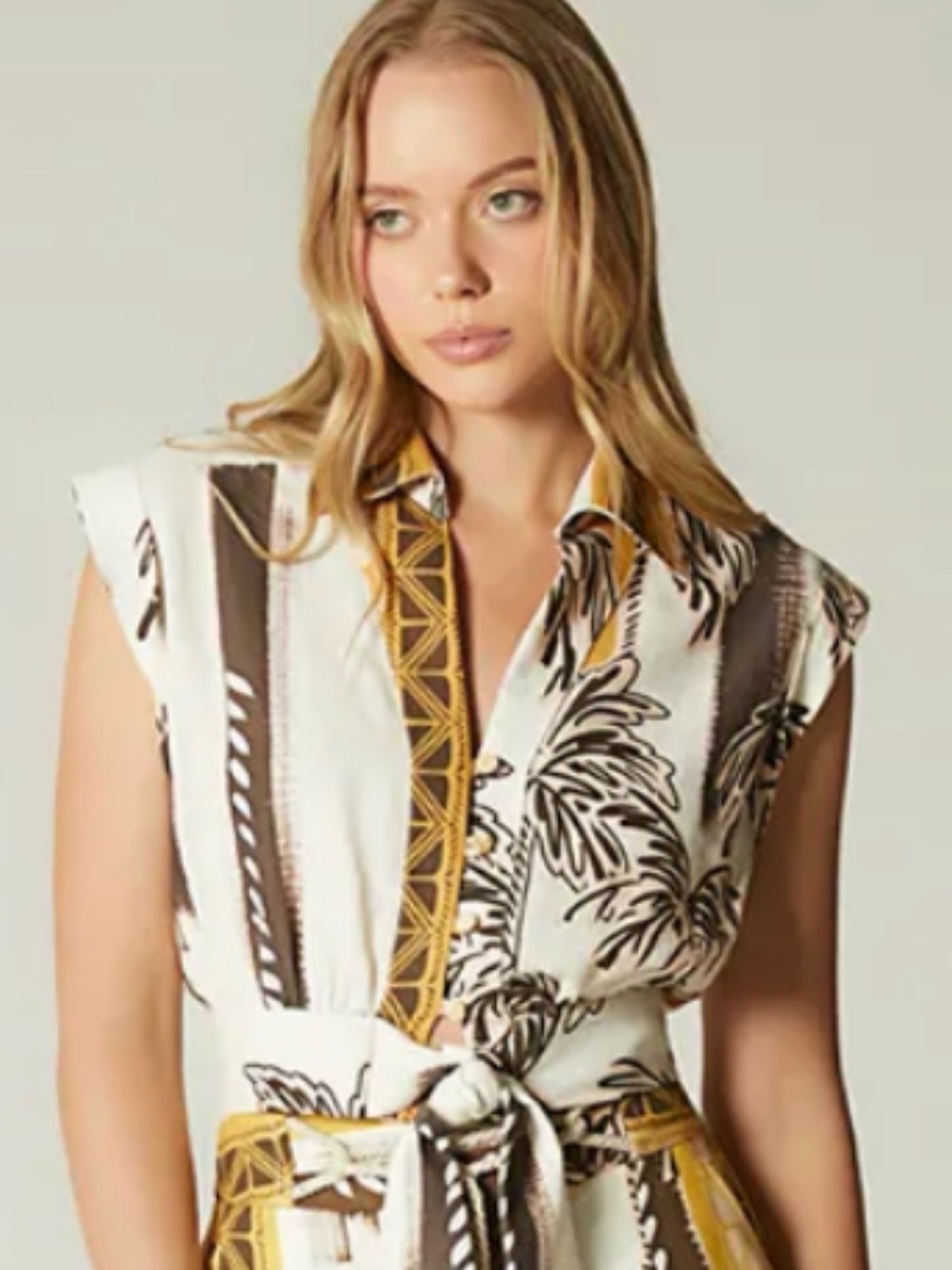 STUDIOF.COM  Sleeveless Palm tree printed -tie waist tunic white, yellow & brown